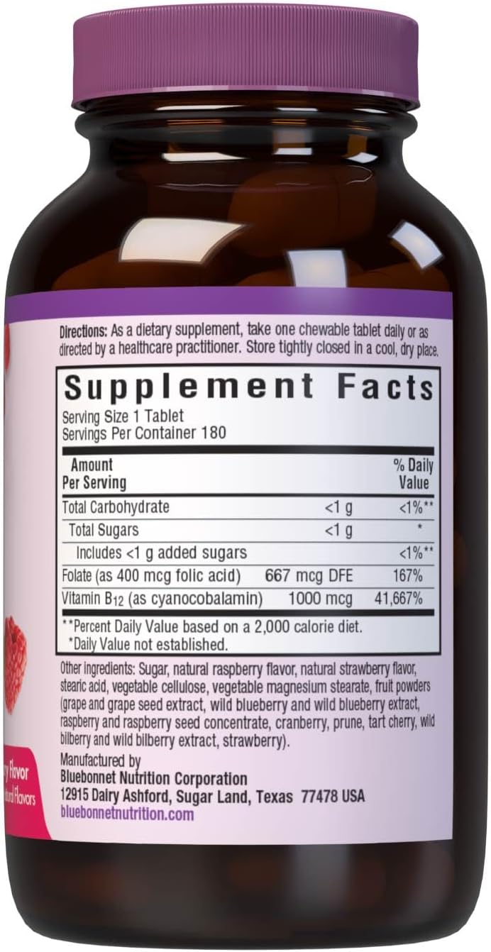 BlueBonnet Nutrition Earth Sweet Vitamina B12 1000 mcg + Ácido Fólico 400 mcg - Comprimidos Masticables sabor Frambuesa - 180 unidades