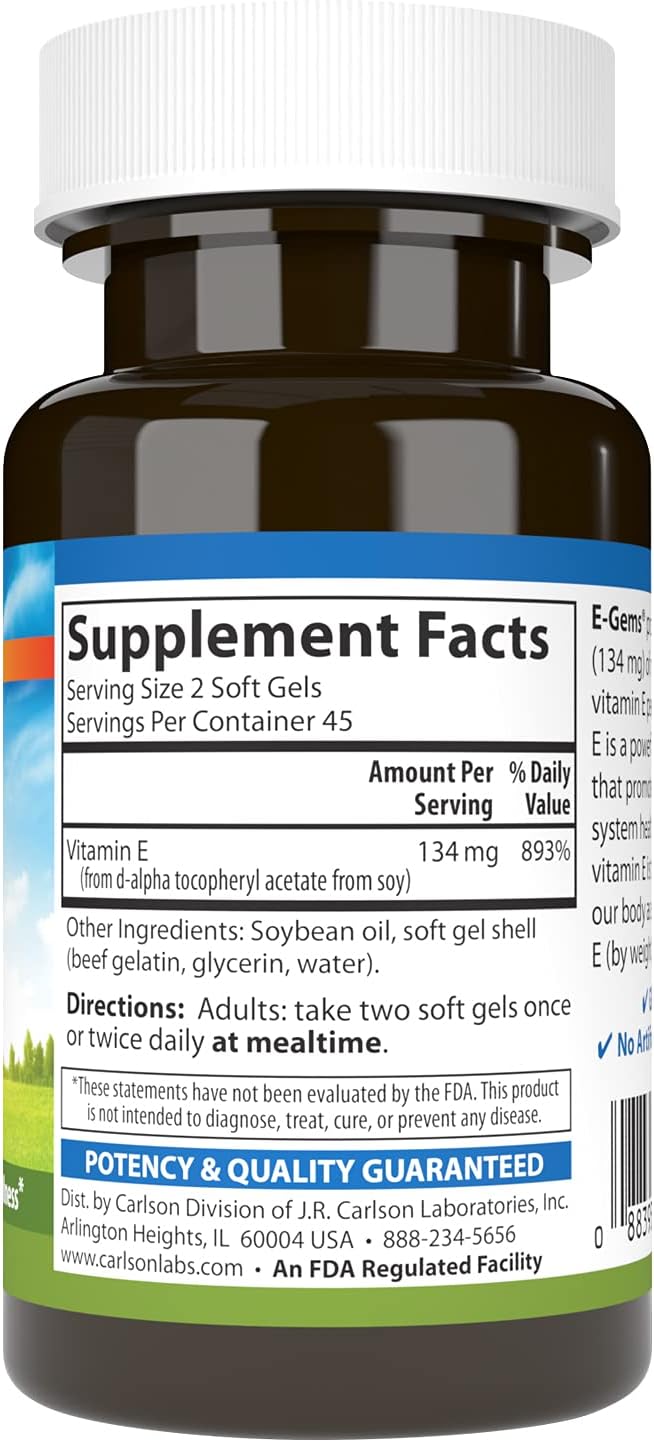 Carlson E-Gems 200 IU (134 mg) Natural Vitamin E, 90 Soft Gels