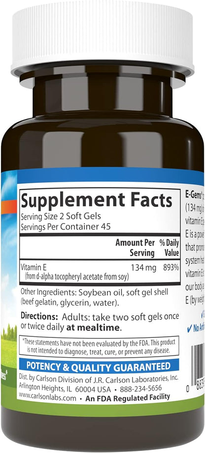 Carlson E-Gems 200 IU (134 mg) Vitamina E Natural, 90 Cápsulas Blandas – Image 2