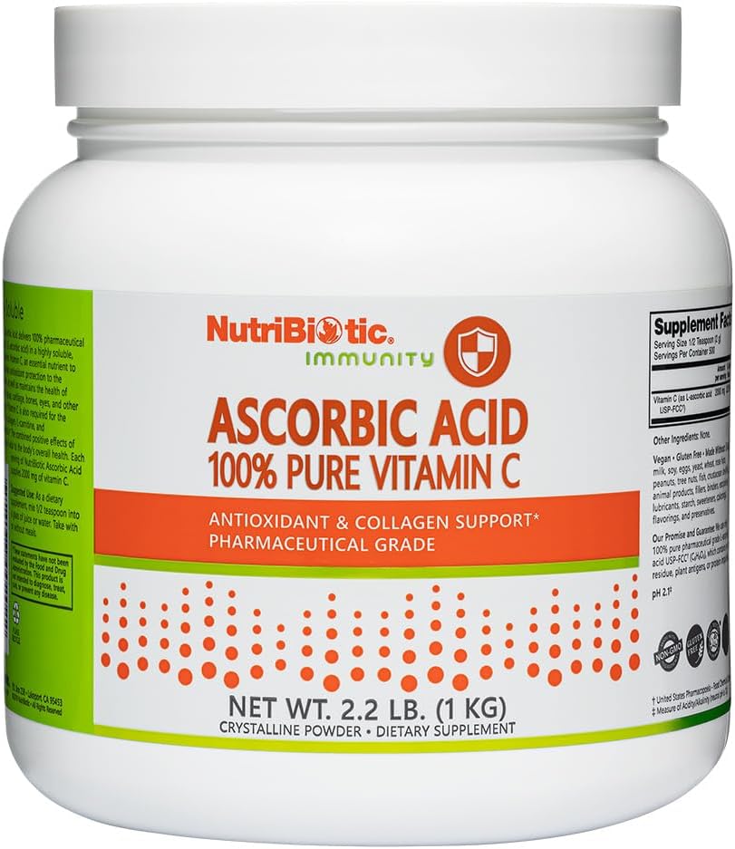 NutriBiotic Ascorbic Acid Vitamin C Powder, 2.2 lb (1 kg) - Pharmaceutical Grade L-Ascorbic Acid, 2000 mg Per Serving