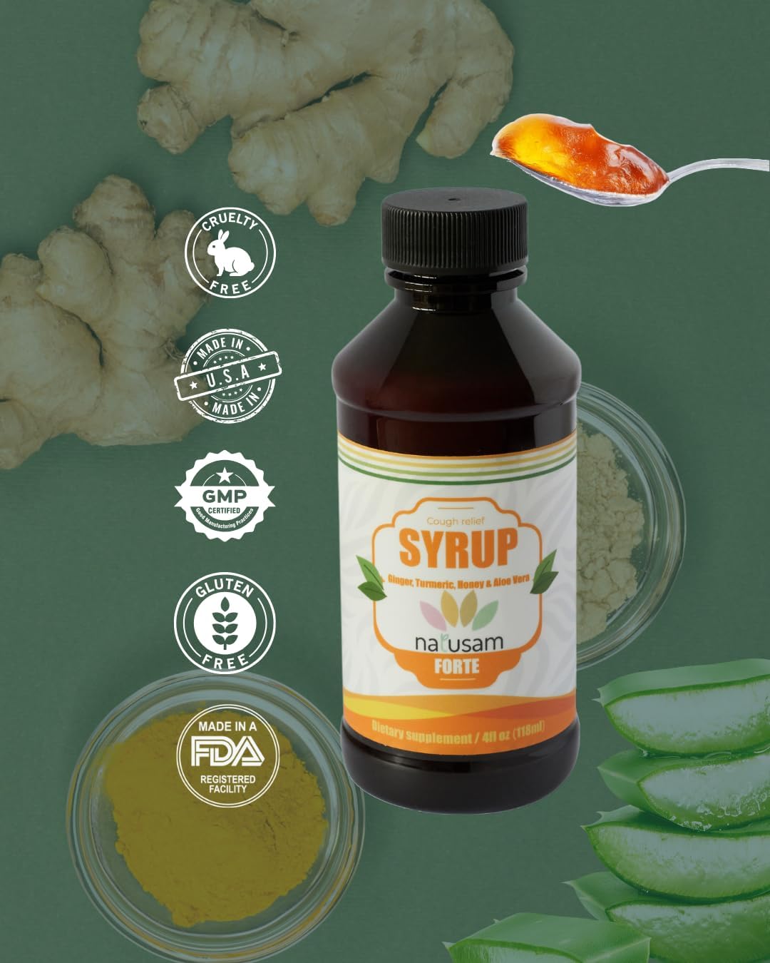 NATUSAM Suplemento Natural de Cúrcuma, Miel, Jengibre y Aloe Vera - Sabor Especiado Exótico - 118 ml