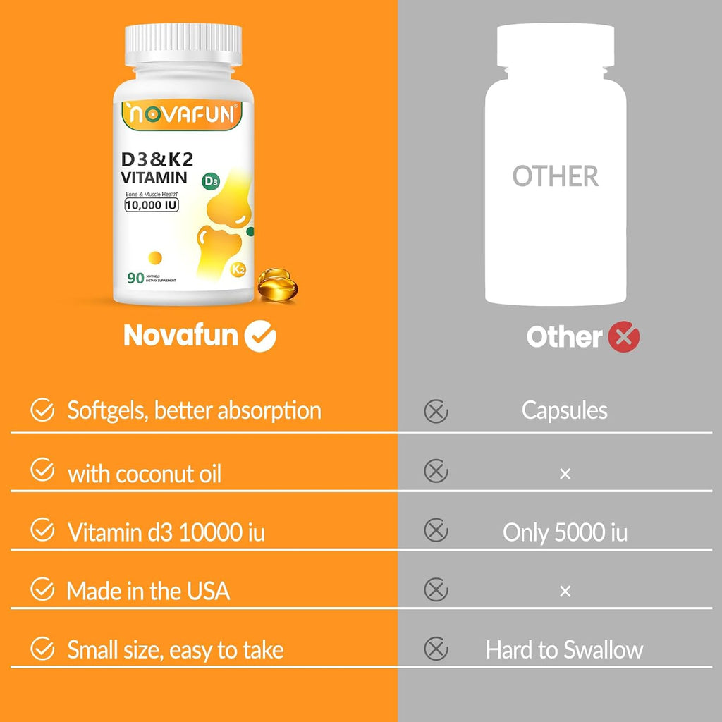 Novafun Vitamina D3 K2 10000 UI con Aceite de Coco, 90 Cápsulas Blandas