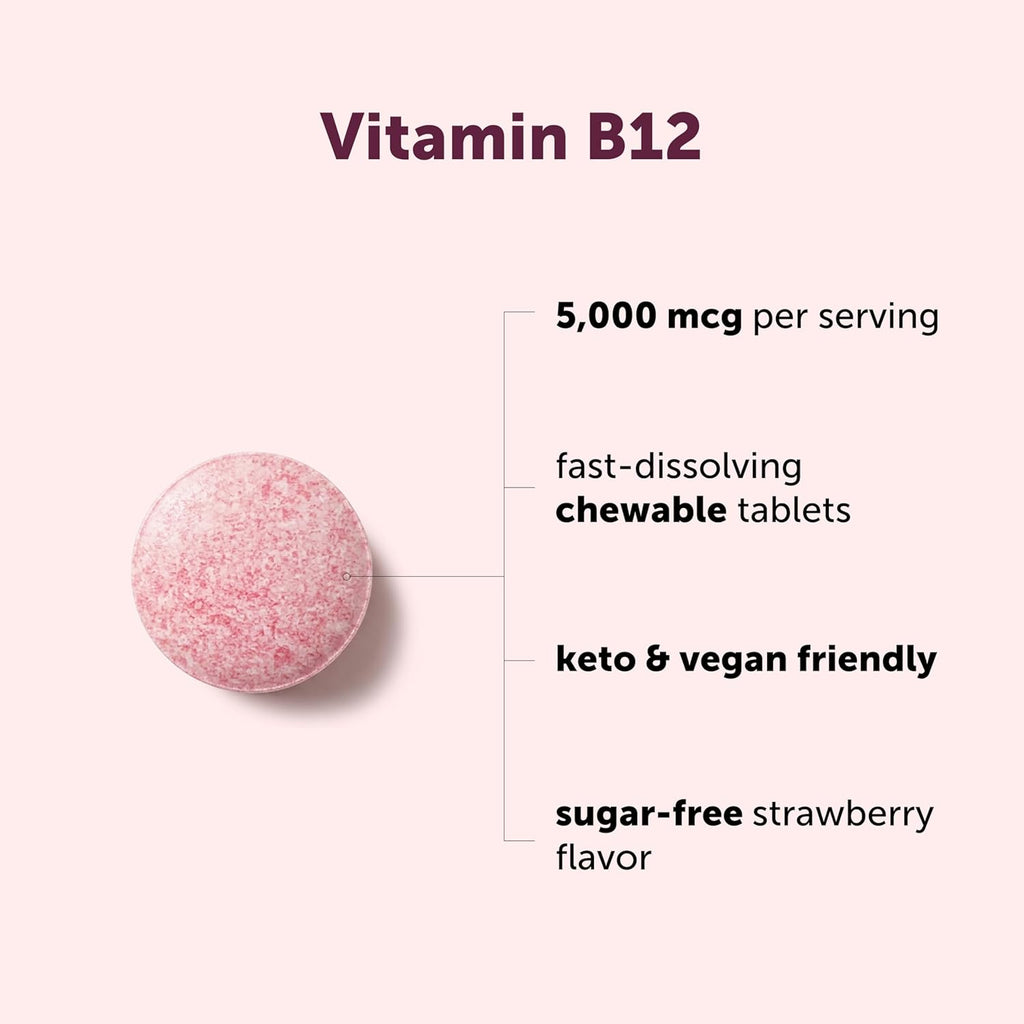 Micro Ingredients Vitamina B12 5.000 mcg | Metilcobalamina – 240 Comprimidos Masticables | Disolución Rápida, Sabor Natural a Fresa | Vegano, No GMO, Sin Gluten