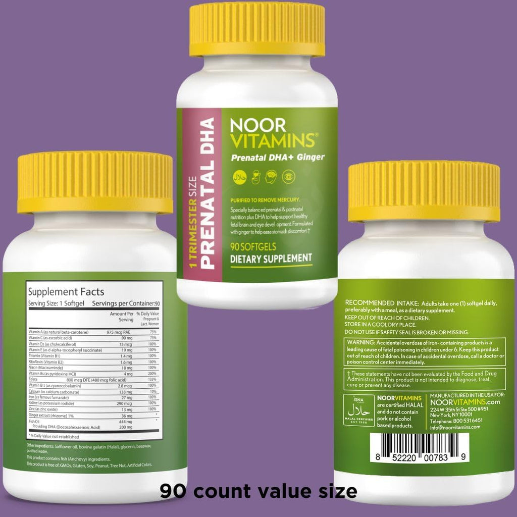 Noor Vitamins Vitaminas Prenatales Halal con DHA y Ácido Fólico, Jengibre, Hierro, 90 Cápsulas Blandas