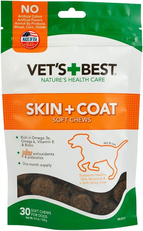 Vet's Best - Suplementos para la Piel y el Pelaje de Perros con Vitamina E y Biotina, 30 Masticables Blandos