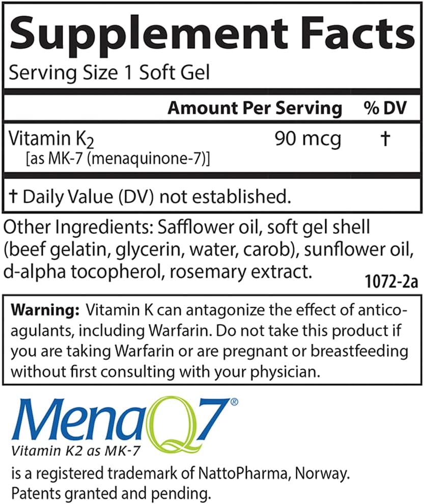 Carlson - Vitamina K2 MK-7 (Menaquinona) 90 mcg, Apoyo Óseo, Biodisponibilidad de Calcio, 120 Softgels