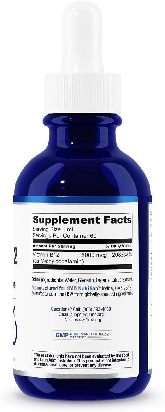 1MD Nutrition Vitamina B12 Vegana | 5000mcg Metilcobalamina | Energía y Apoyo Inmunológico