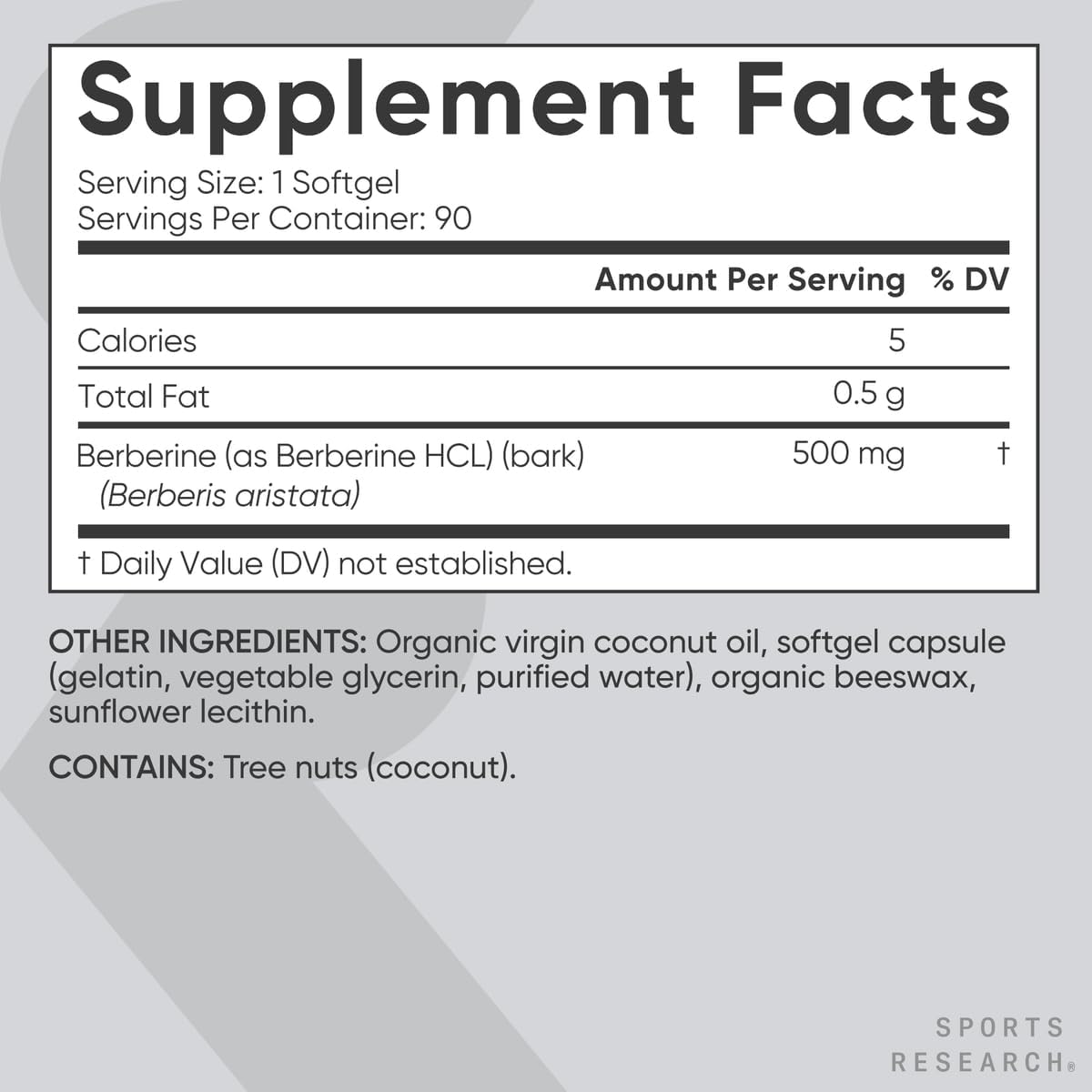 Sports Research Berberine Supplement with Coconut Oil - Berberine 500mg, 90 Softgels - Gluten-Free, Non-GMO