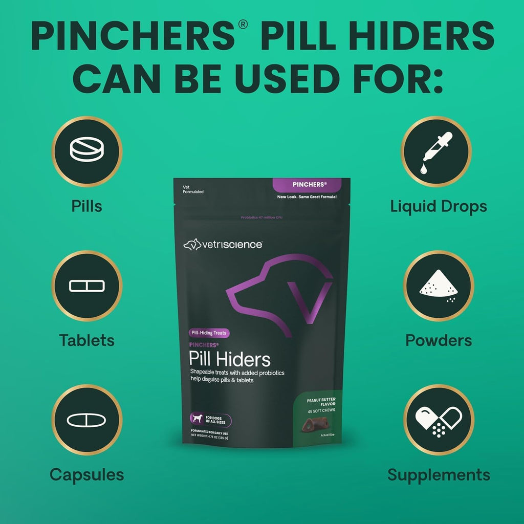 VetriScience Extra Large Pinchers Pill Hiders - Envoltura para pastillas con probióticos para perros, sabor a mantequilla de cacahuete, 45 unidades