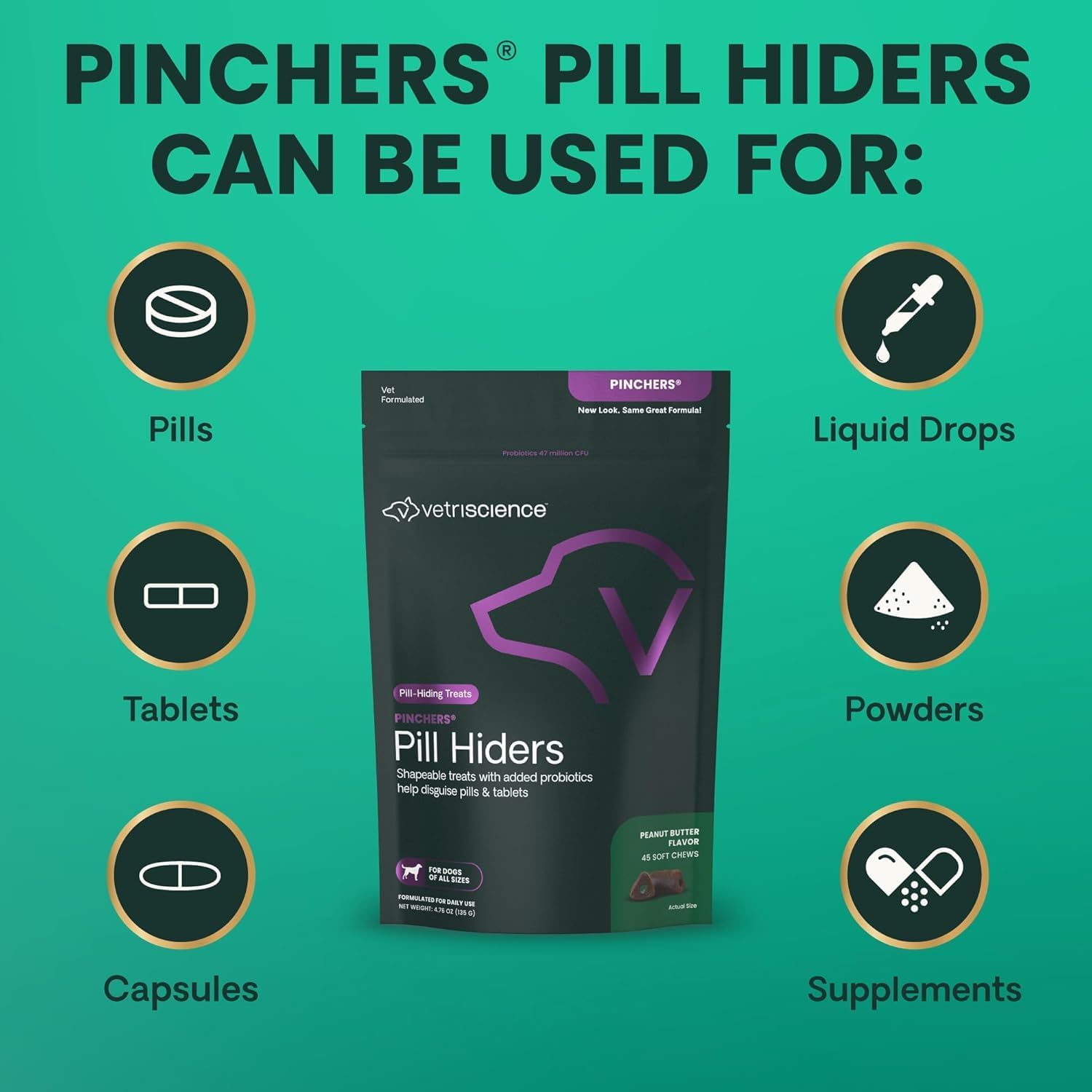 VetriScience Extra Large Pinchers Pill Hiders - Envoltura para pastillas con probióticos para perros, sabor a mantequilla de cacahuete, 45 unidades