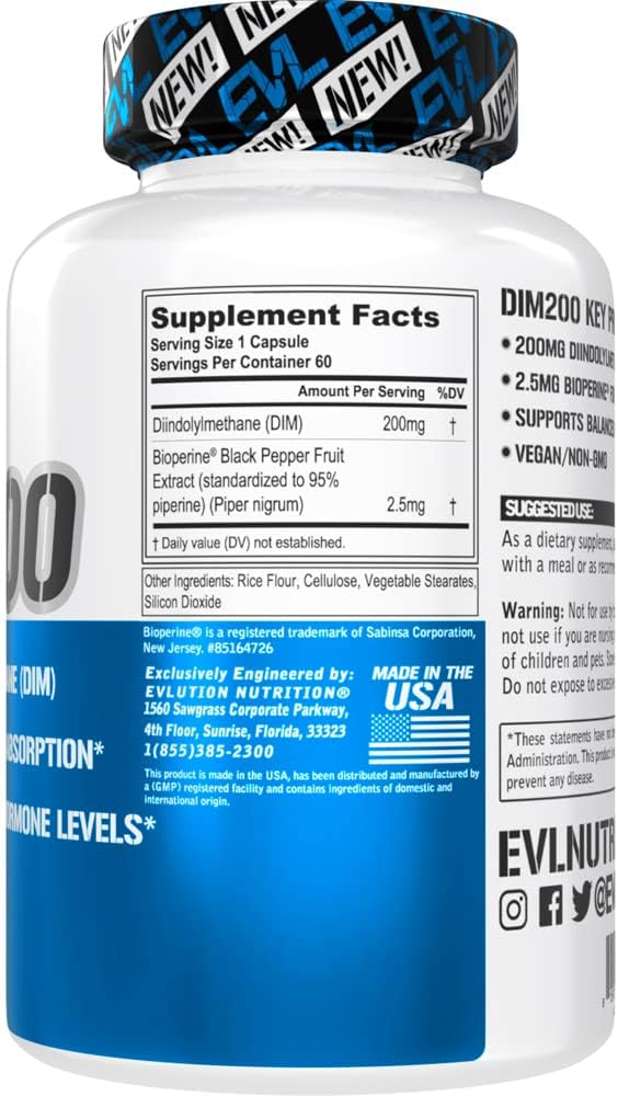 EVL DIM 200mg para Hombres - con Bioperina para Mayor Absorción - Vegano No Transgénico