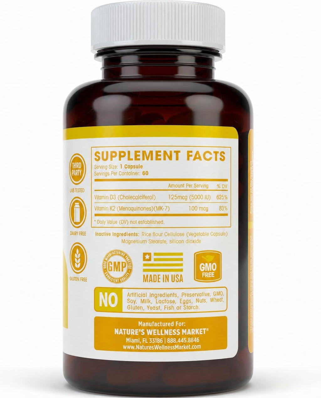 Vitamina D3 5000 UI + K2 MK-7 100 mcg, 60 cápsulas - Natures Wellness
