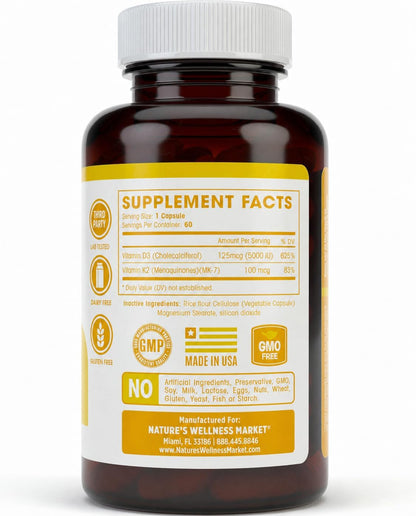 Vitamina D3 5000 UI + K2 MK-7 100 mcg, 60 cápsulas - Natures Wellness – Image 3