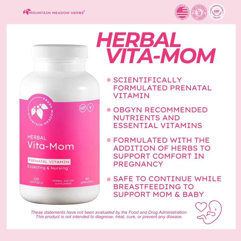 Mountain Meadow Herbal Vita-MOM Vitaminas Prenatales - Suplemento con 5-MTHF Folato, Hierro, Multivitaminas y Hierbas Orgánicas - 120 Cápsulas Blandas (2 Meses)