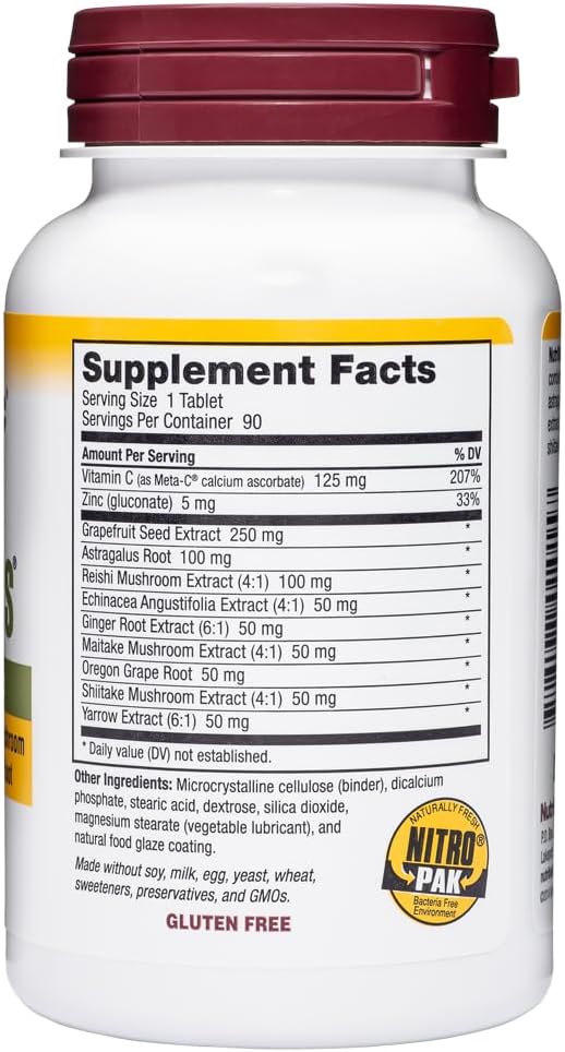 NutriBiotic – DefensePlus, 90 Comprimidos – Apoyo Inmunitario 11 en 1 con Vitamina C, Zinc, Extracto de Semilla de Pomelo, Equinácea, Astrágalo y Hongos – Vegano y Sin Gluten