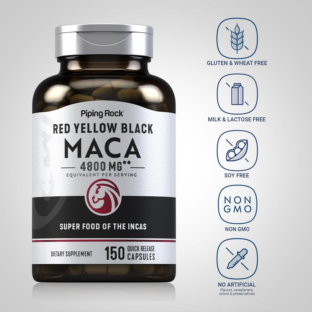 Piping Rock Cápsulas de Raíz de Maca | 150 Comprimidos | Para Hombres y Mujeres | Maca Roja, Amarilla y Negra | Sin OGM, Sin Gluten