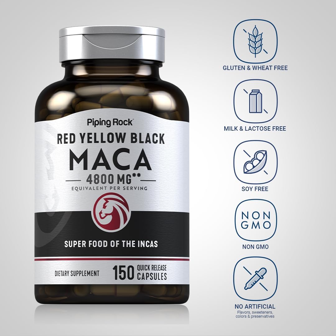 Piping Rock Cápsulas de Raíz de Maca | 150 Comprimidos | Para Hombres y Mujeres | Maca Roja, Amarilla y Negra | Sin OGM, Sin Gluten