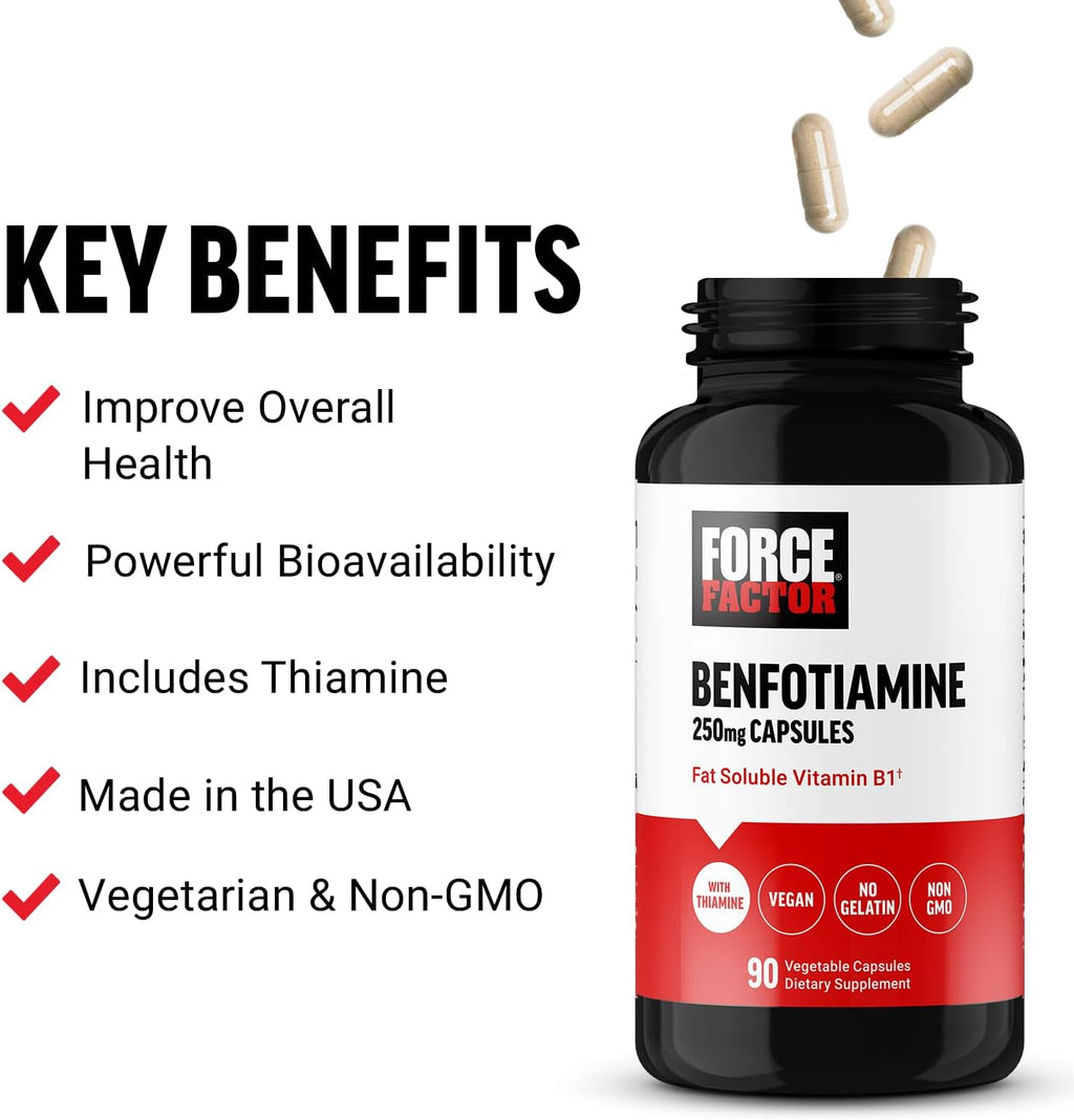 Force Factor Benfotiamina Plus Tiamina, Vitamina B1 Liposoluble de Alta Absorción, No GMO, Vegano, 90 Cápsulas Vegetales