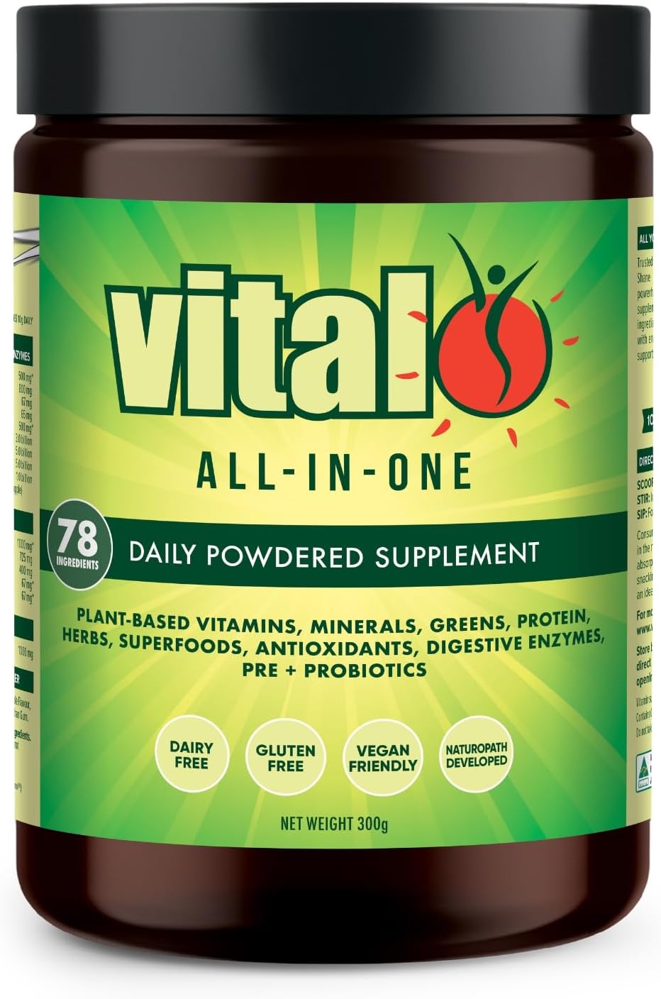 Vital All-in-One Daily Powdered Supplement - Mezcla de Super Greens en Polvo con Probióticos y Antioxidantes - 300 g