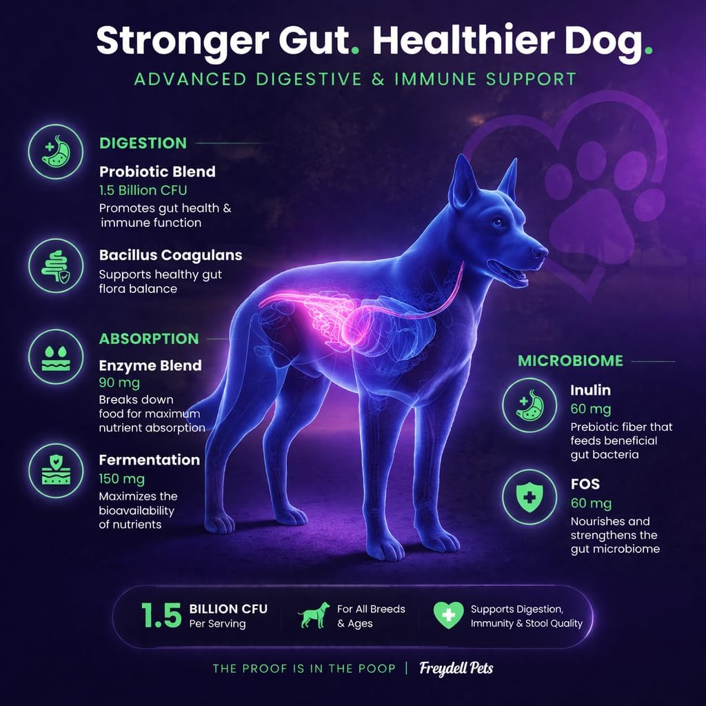 Freydell Pets Probióticos para Perros – Enzimas Digestivas, Prebióticos y Fibra – Salud Intestinal – 120 Chews