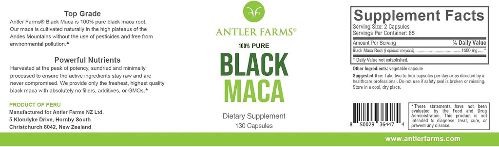 Antler Farms - Maca Negra Pura 100% - 130 Cápsulas de 1500mg
