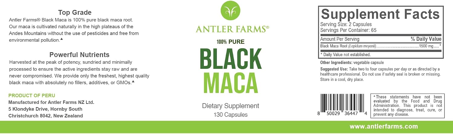 Antler Farms - Maca Negra Pura 100% - 130 Cápsulas de 1500mg