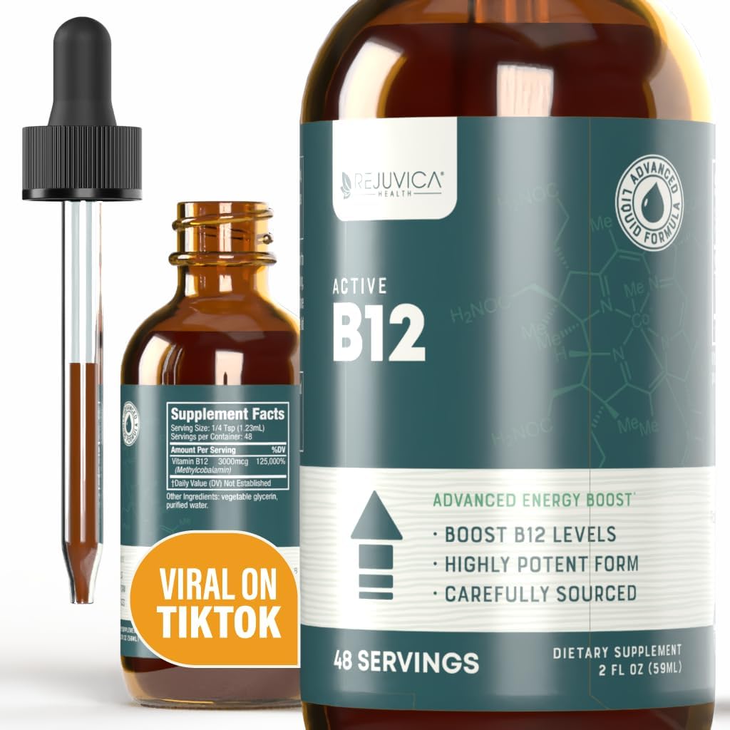 Rejuvica Health Active B-12 Líquido - Suplemento de Vitamina B12 3000 mcg - Gotas de Absorción Rápida - Sin Alcohol, Sin Gluten, Sin Lactosa