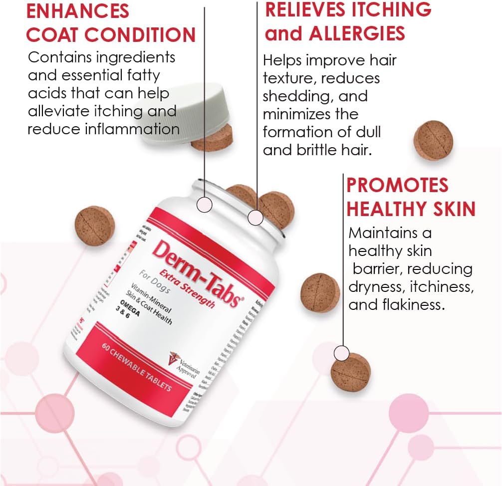 Derm-Tabs Extra Strength Suplemento para Piel y Pelaje para Perros - Omega 3 y 6, Vitaminas, Minerales y Antioxidantes - 60 Comprimidos Masticables
