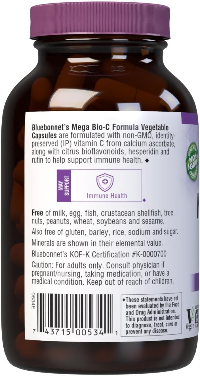 Bluebonnet Nutrition Mega Bio-C Fórmula - Vitamina C Tamponada 750 mg con Bioflavonoides - 90 Cápsulas Vegetales