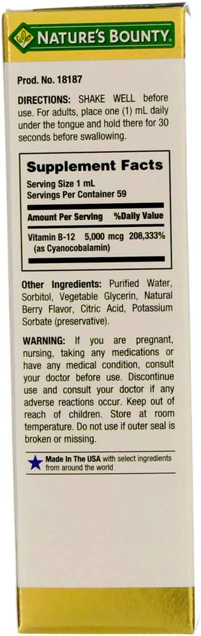 Nature's Bounty B-12 5000 mcg Líquido Sublingual Salud Energética 2 oz (Paquete de 2)