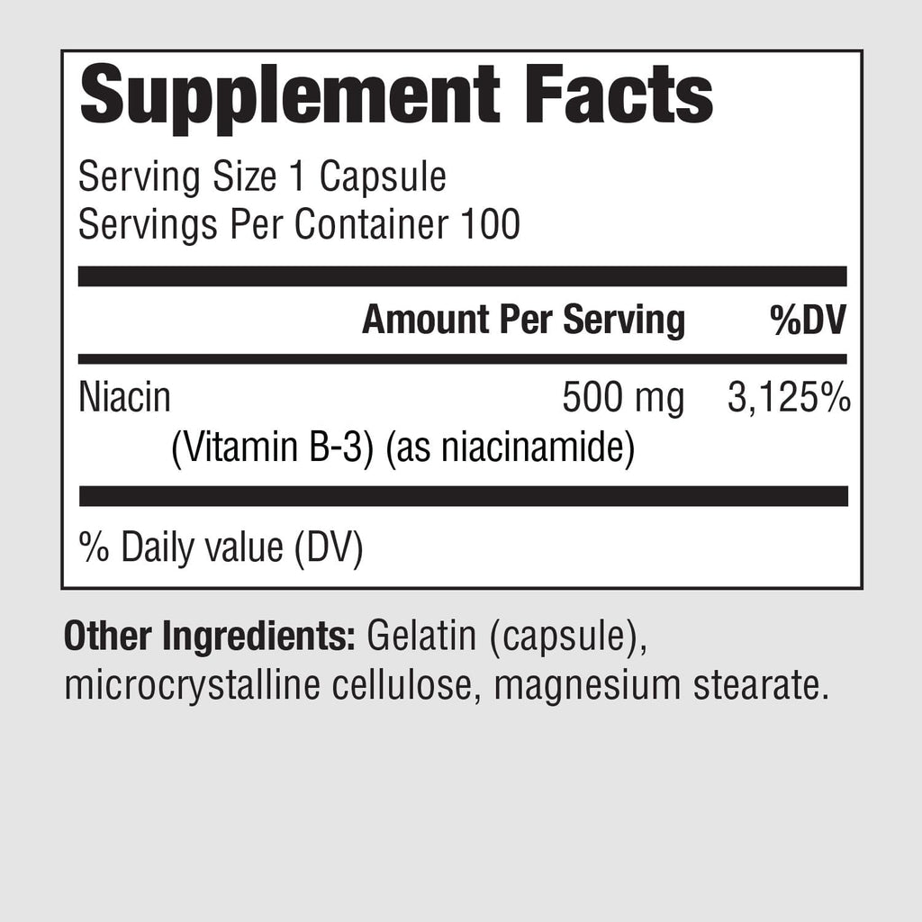 PureFormulas Niacinamida 500 mg - 100 Cápsulas, Alta Potencia, Vitamina B3 sin Rubefacción
