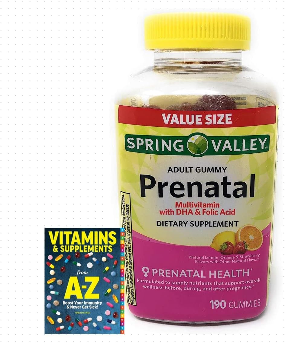 Spring Valley Vitaminas Prenatales Adulto con DHA y Ácido Fólico, Sabor Fruta, 190 Gomitas + Guía de Suplementos
