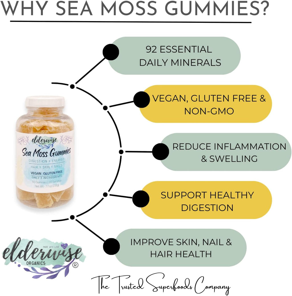 Elderwise Organics Made With Love Sea Moss Gummies | Only 3 Ingredients | Vegan | Premium Ingredients | Gluten Free | Sea Moss Gummy