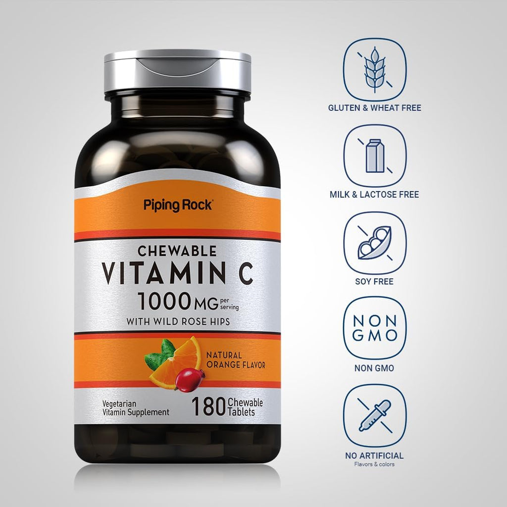 Piping Rock Vitamina C 1000mg Comprimidos Masticables con Rosa Mosqueta, Sabor Naranja, 180 Unidades