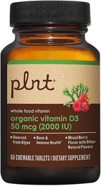 Vitamina D3 Orgánica 50 mcg (2000 UI) - Complemento Alimenticio de Origen Vegetal - 60 Comprimidos Masticables Sabor Frutos Rojos