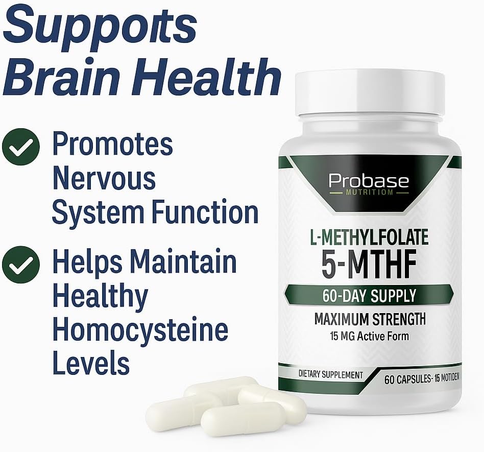 Probase Nutrition Professional Strength L-Methyl Folate 15mg - Active 5-MTHF Form - Supports Mood, Methylation, Cognition - Bioavailable Vitamin B9 (60 Capsules) - Vegan, Non-GMO, Gluten-Free