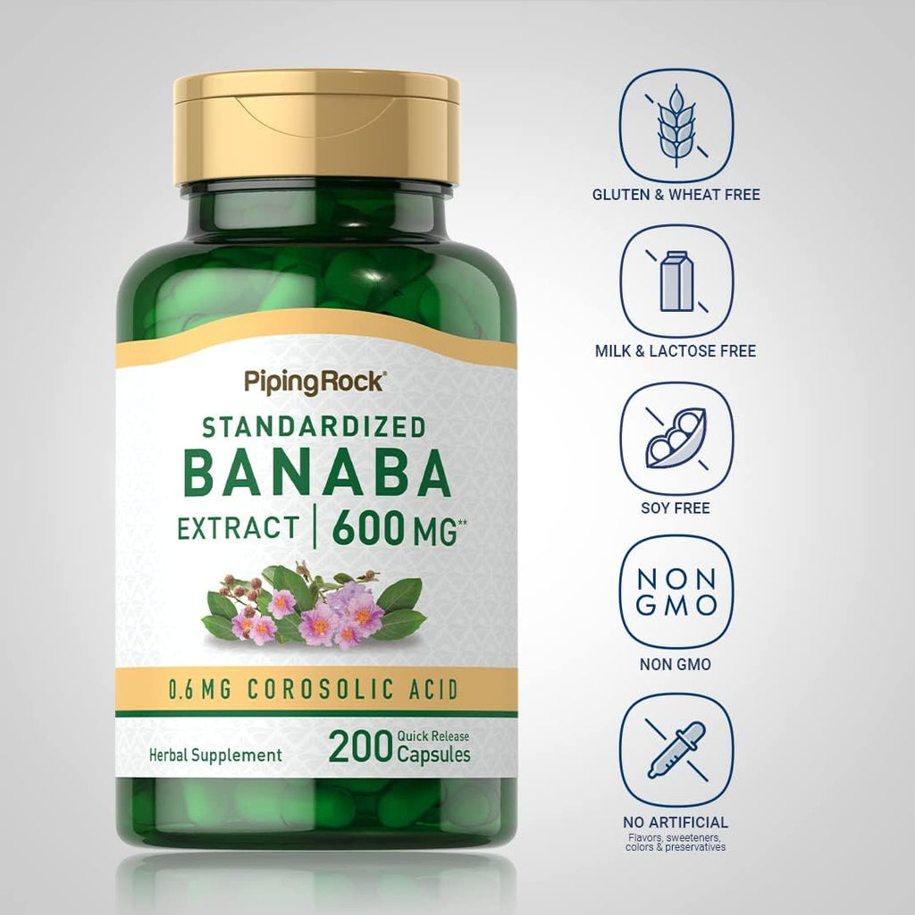 Cápsulas de Extracto de Hoja de Banaba de Piping Rock | 200 Cápsulas | Estandarizado con Ácido Corosólico | Sin OGM, Sin Gluten