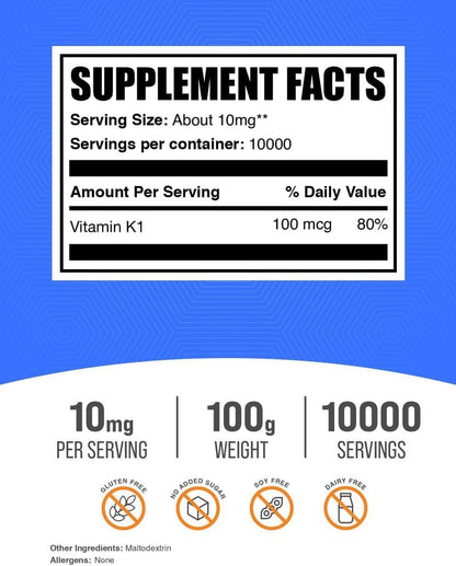 BulkSupplements Vitamina K1 en Polvo – Suplemento de Filoqinona, 100g – Image 2