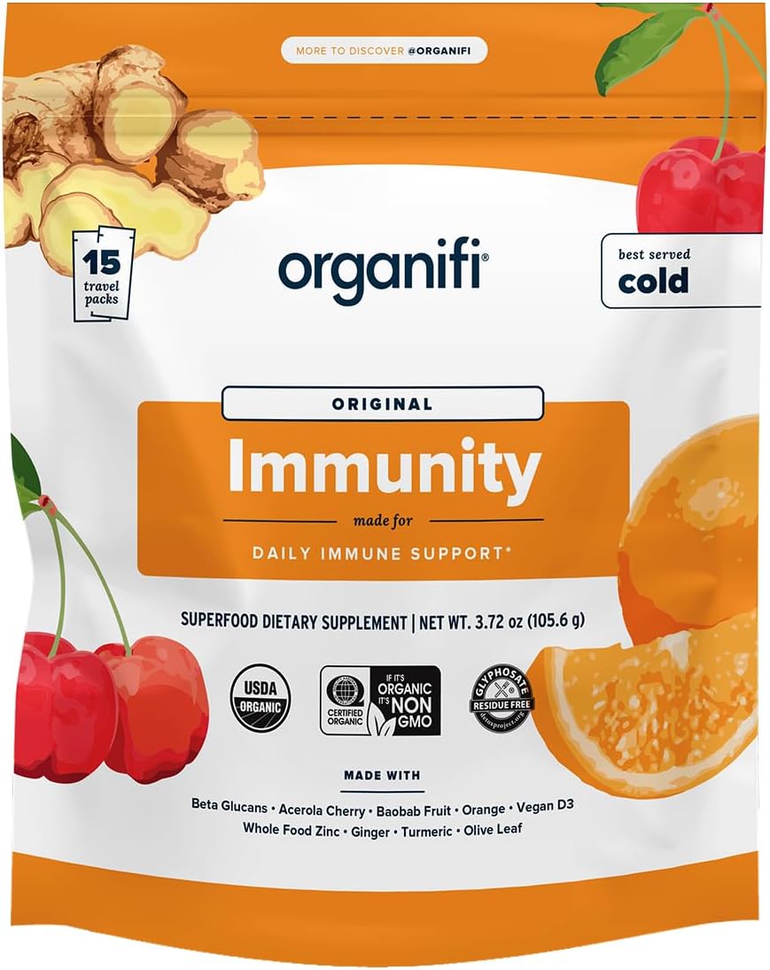 Organifi Immunity - Polvo Orgánico de Apoyo Inmunitario con Beta-Glucanos de Hongos, Vitamina C, D y Zinc - 15 Sobres Individuales