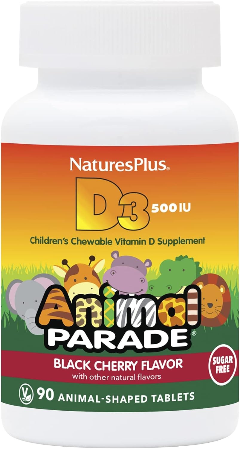Natures Plus Animal Parade Vitamina D3 Sin Azúcar para Niños - 500 UI - Sabor Cereza Negra - 90 Comprimidos Masticables con Forma de Animal