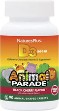 Natures Plus Animal Parade Vitamina D3 Sin Azúcar para Niños - 500 UI - Sabor Cereza Negra - 90 Comprimidos Masticables con Forma de Animal