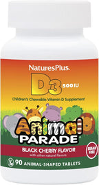 Natures Plus Animal Parade Vitamina D3 Sin Azúcar para Niños - 500 UI - Sabor Cereza Negra - 90 Comprimidos Masticables con Forma de Animal