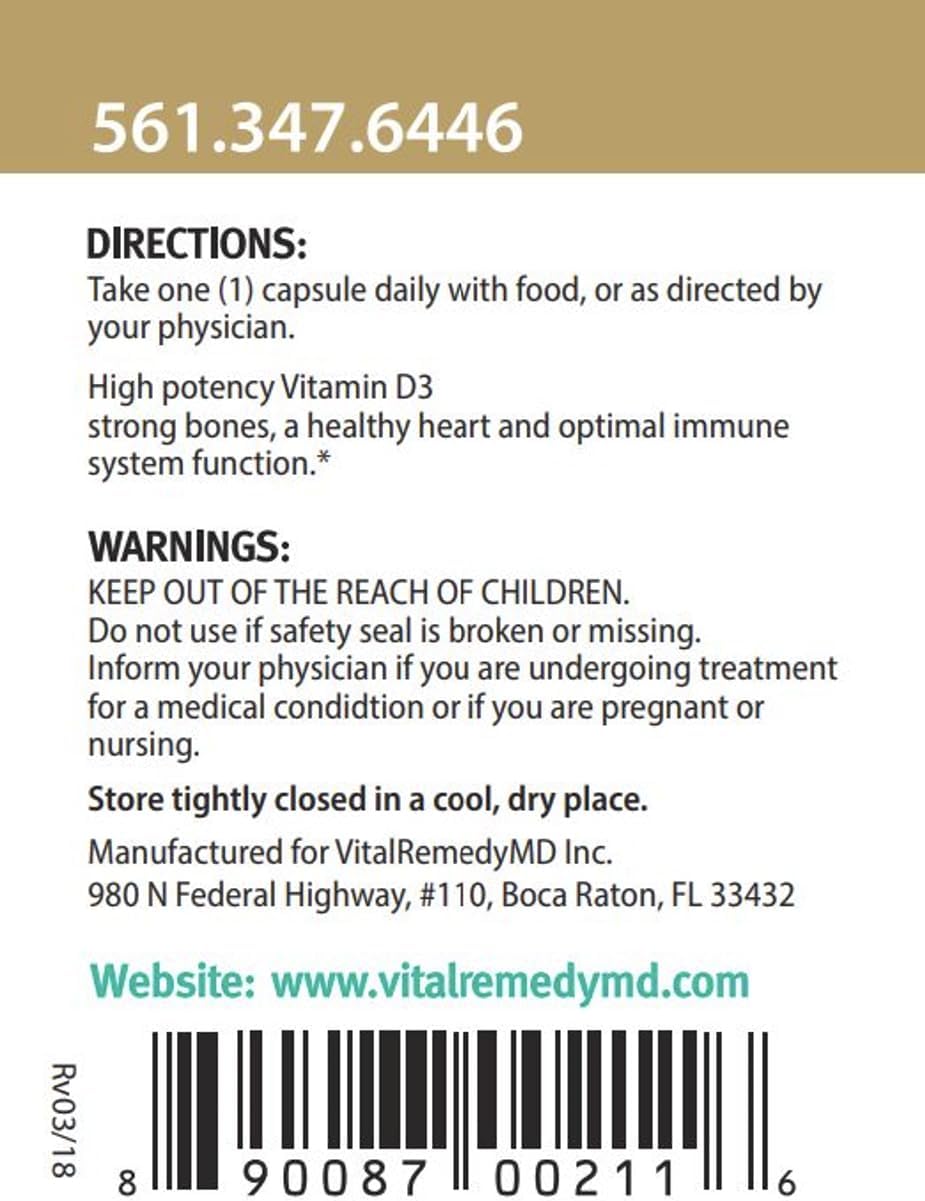Vitamina D3 5000 UI - 90 Cápsulas Veganas para 3 Meses - VitalRemedyMD