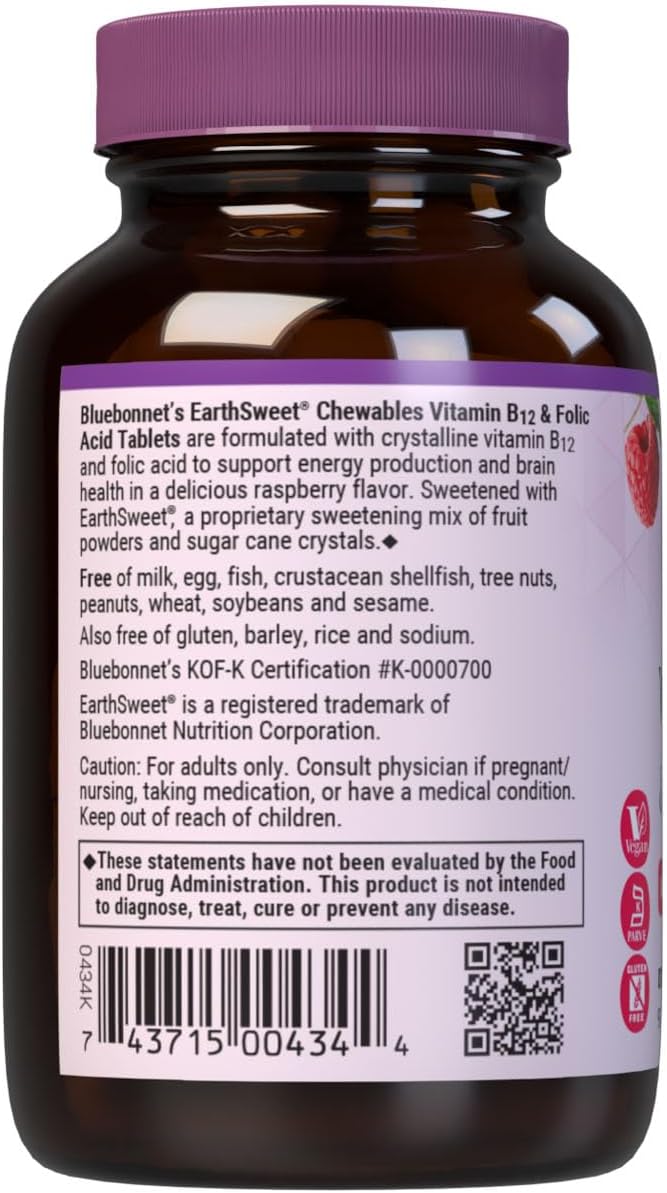 Bluebonnet Nutrition Earth Sweet Vitamin B12 and Folic Acid Chewable Tablets, Raspberry Flavor, 90 Count