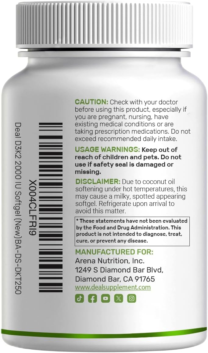 DEAL SUPPLEMENT Vitamina D3 2.000 UI + K2 MK7 50 mcg Softgels | Complejo 2 en 1 con Aceite de Coco Virgen