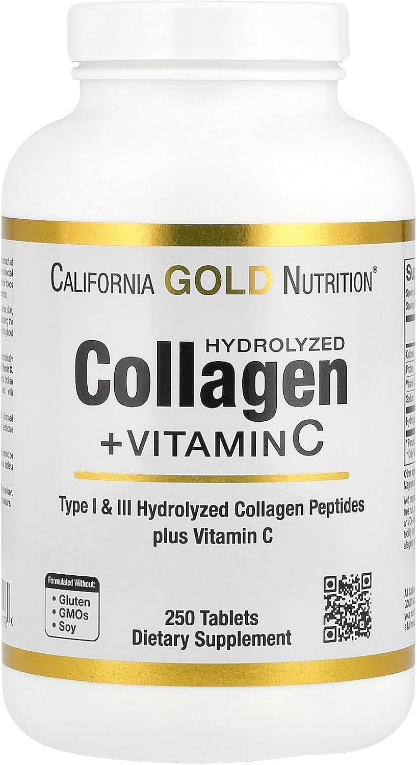 California Gold Nutrition, Péptidos de Colágeno Hidrolizado Tipo I y III con Vitamina C, 250 Comprimidos