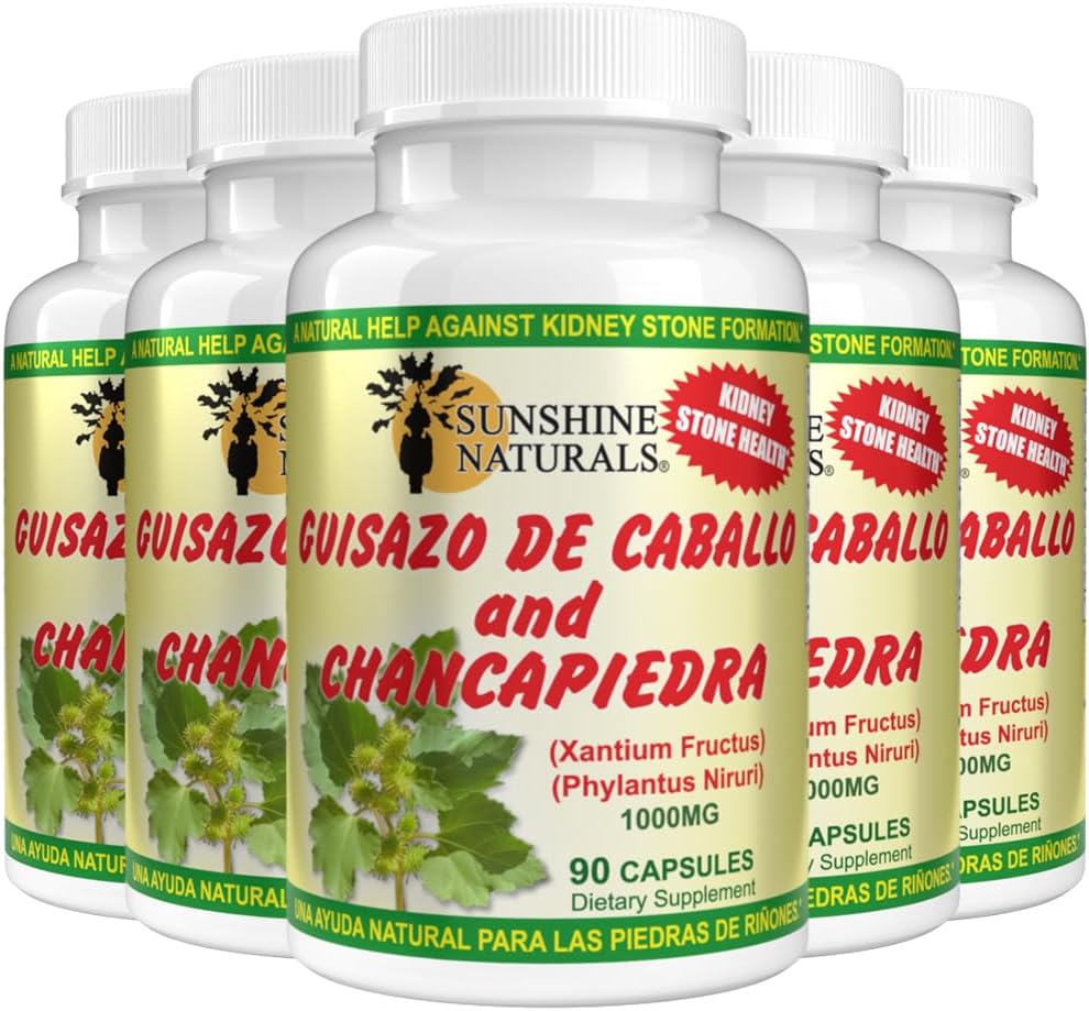 Sunshine Naturals Chanca Piedra con Guisazo de Caballo, Hierba Rompepiedras Tradicional, Suplemento para el Apoyo Renal y del Tracto Urinario, 1000 mg Mezcla Propietaria, 90 Cápsulas. Paquete de 5