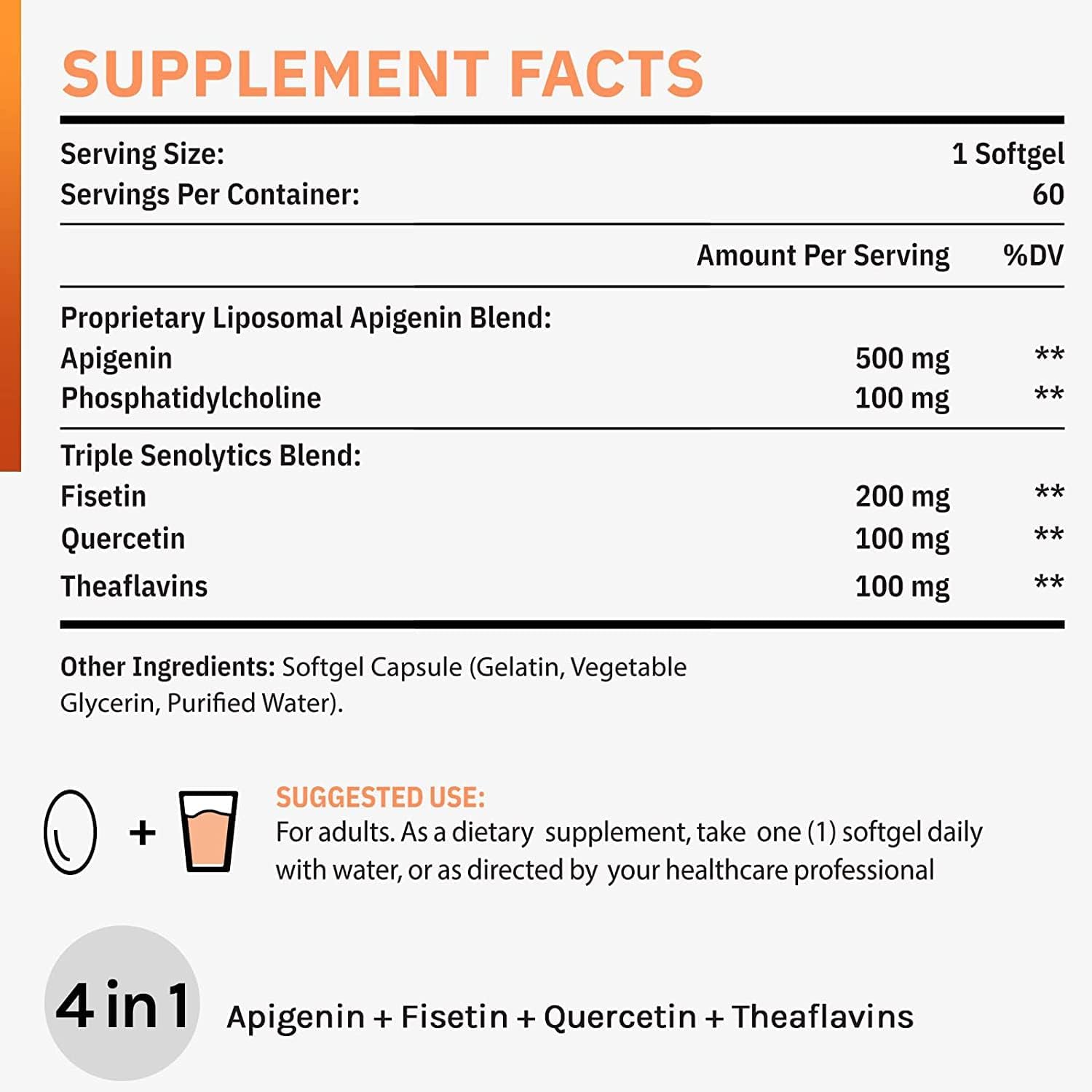 Cenffitio Apigenina Liposomal 500mg en Cápsulas Blandas - con Fisetina, Quercetina y Teanflavinas - 120 Cápsulas (4 Meses)