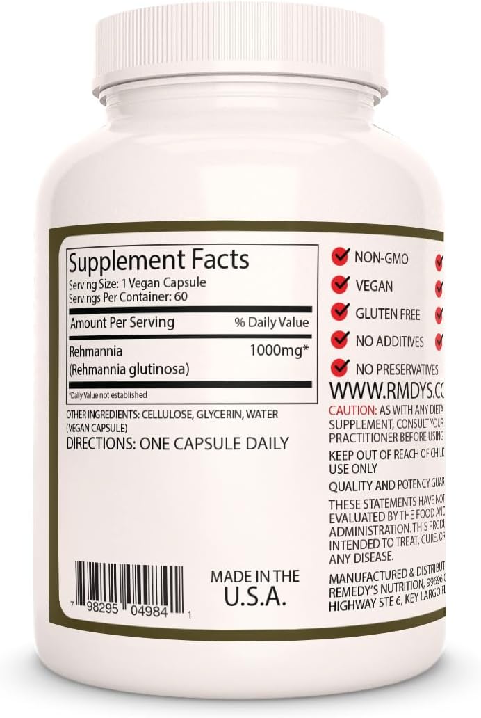 Rehmannia Root - 1.000 mg, 60 Cápsulas Veganas - Suplemento Herbal - 2 Meses de Suministro