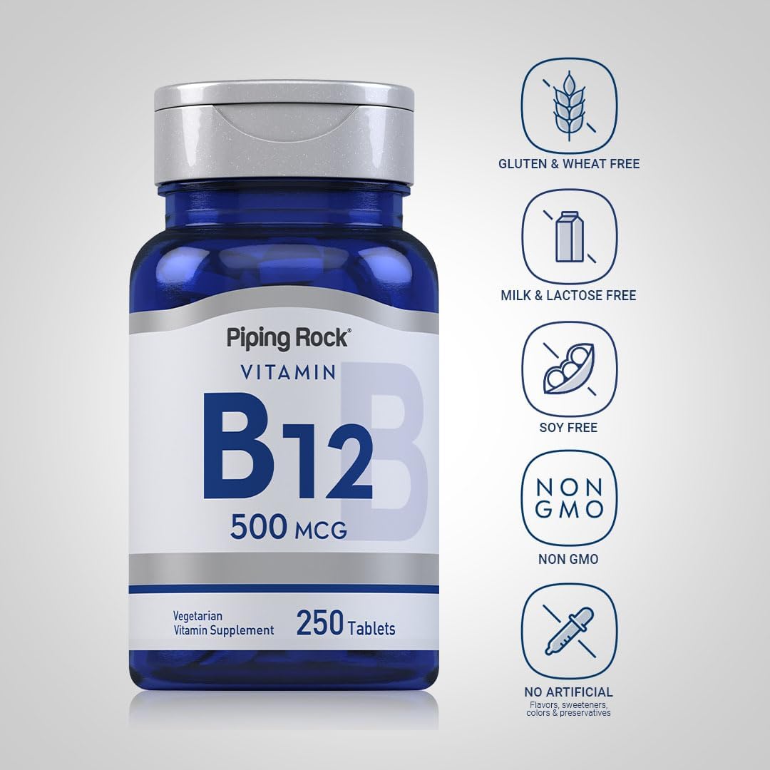 Piping Rock Vitamina B12 500 mcg | 250 Comprimidos | Cianocobalamina | Vegetariano, No GMO, Sin Gluten